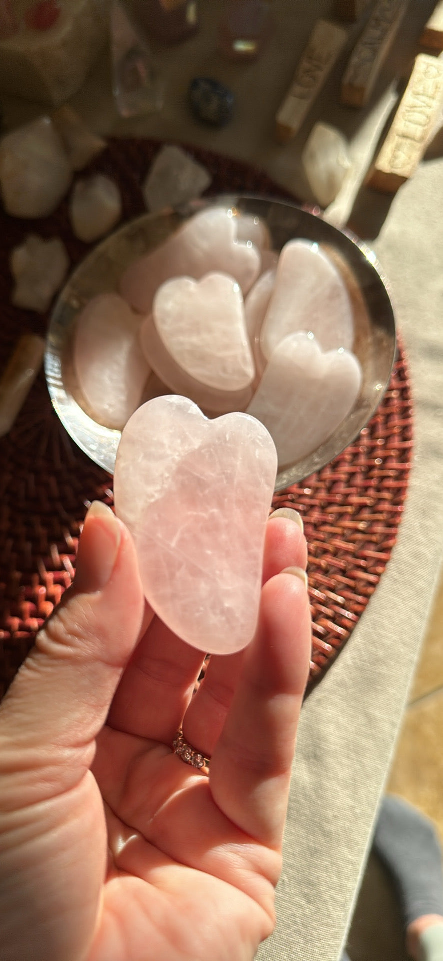 Mini Rose Quartz Gua Sha stone.